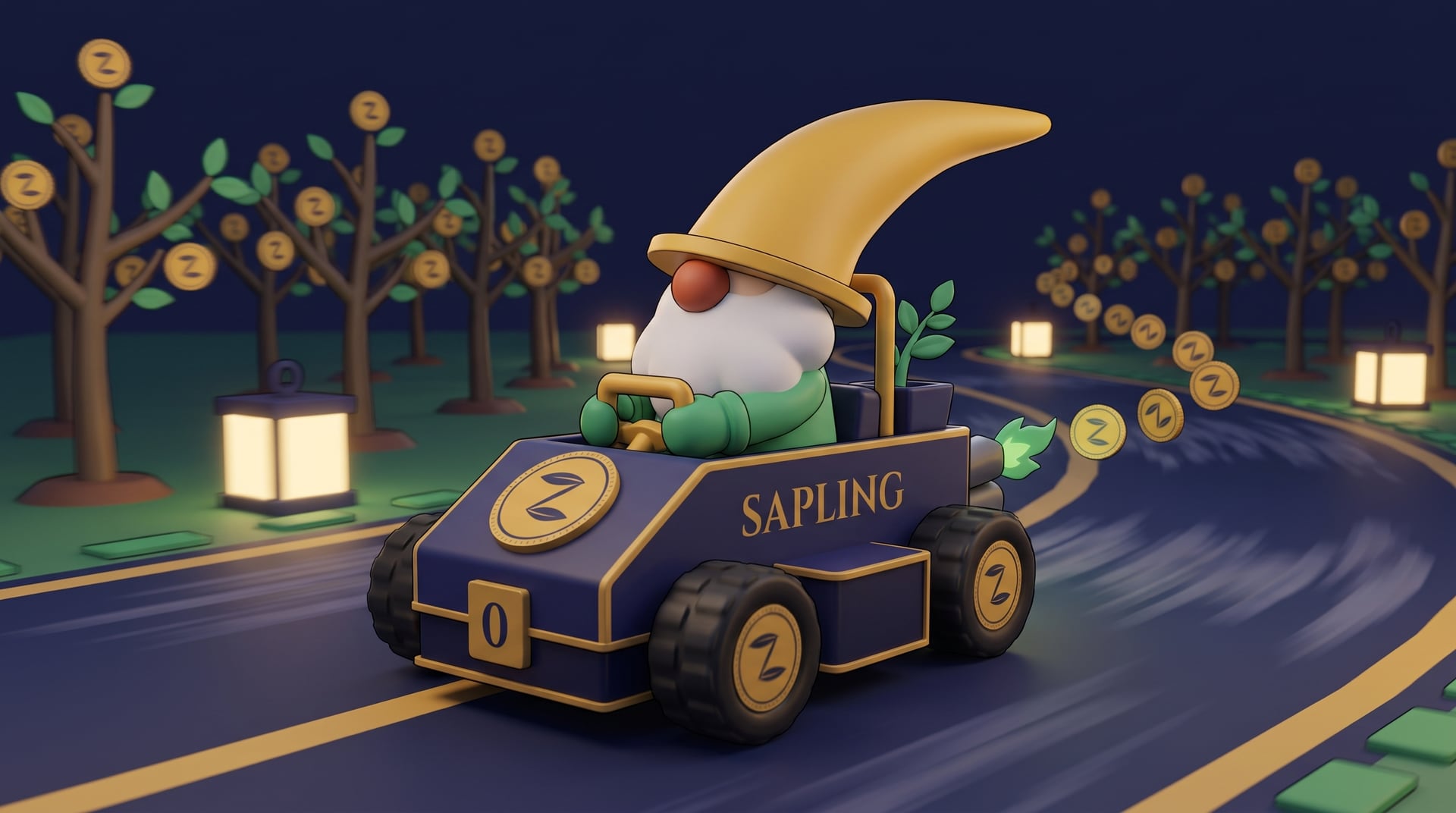 Gnobody the Gnome driving kart number zero at full boost through the Orchard Circuit at night, a gold Sapling coin on the nose of the kart