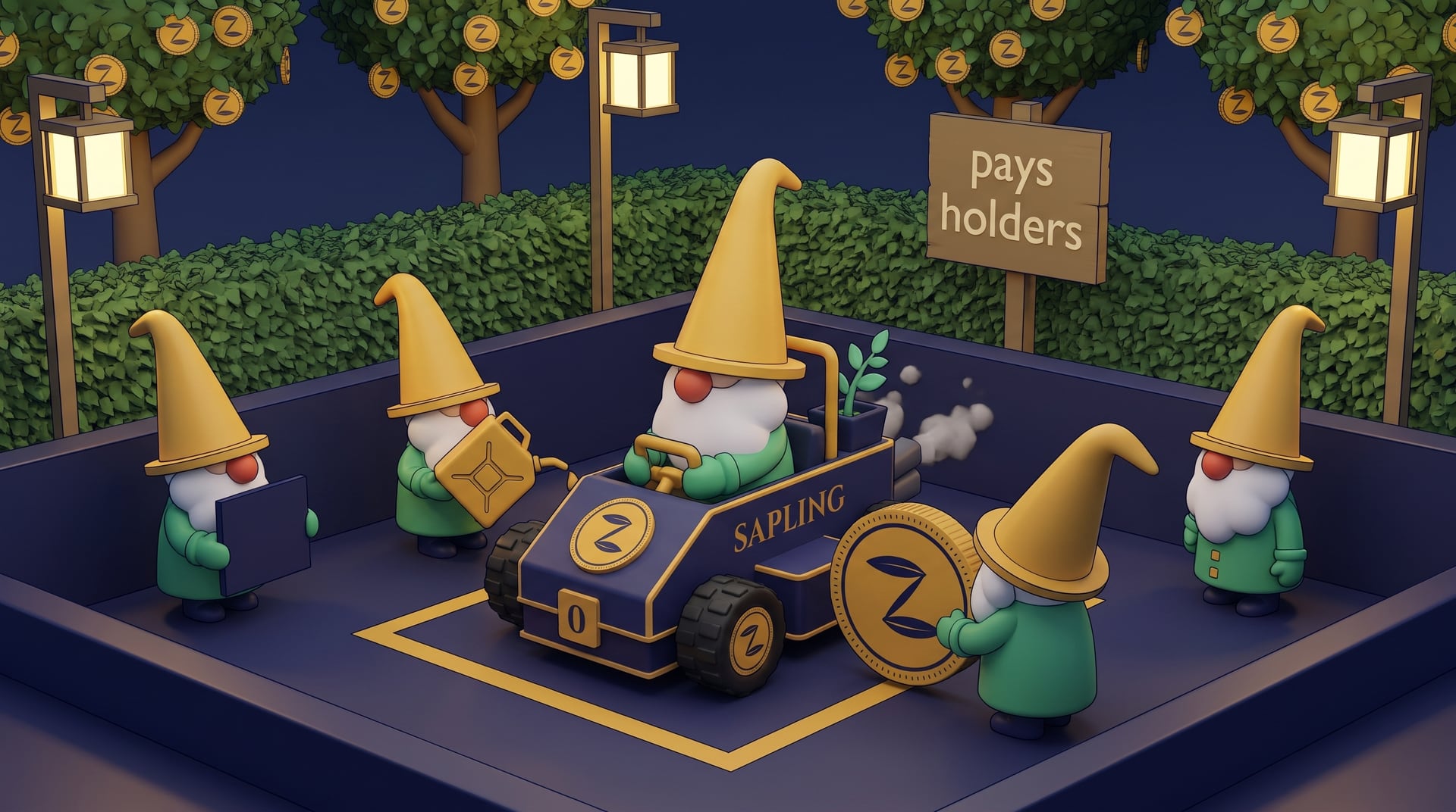 A pit crew of identical small gnomes refuelling kart number zero from a gold ZEC can under a wooden sign that reads pays holders
