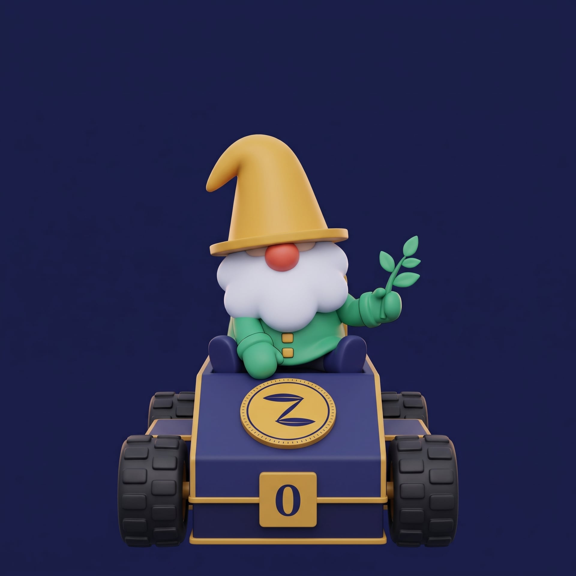 Gnobody sitting on the nose coin of his kart holding a tiny sapling sprig