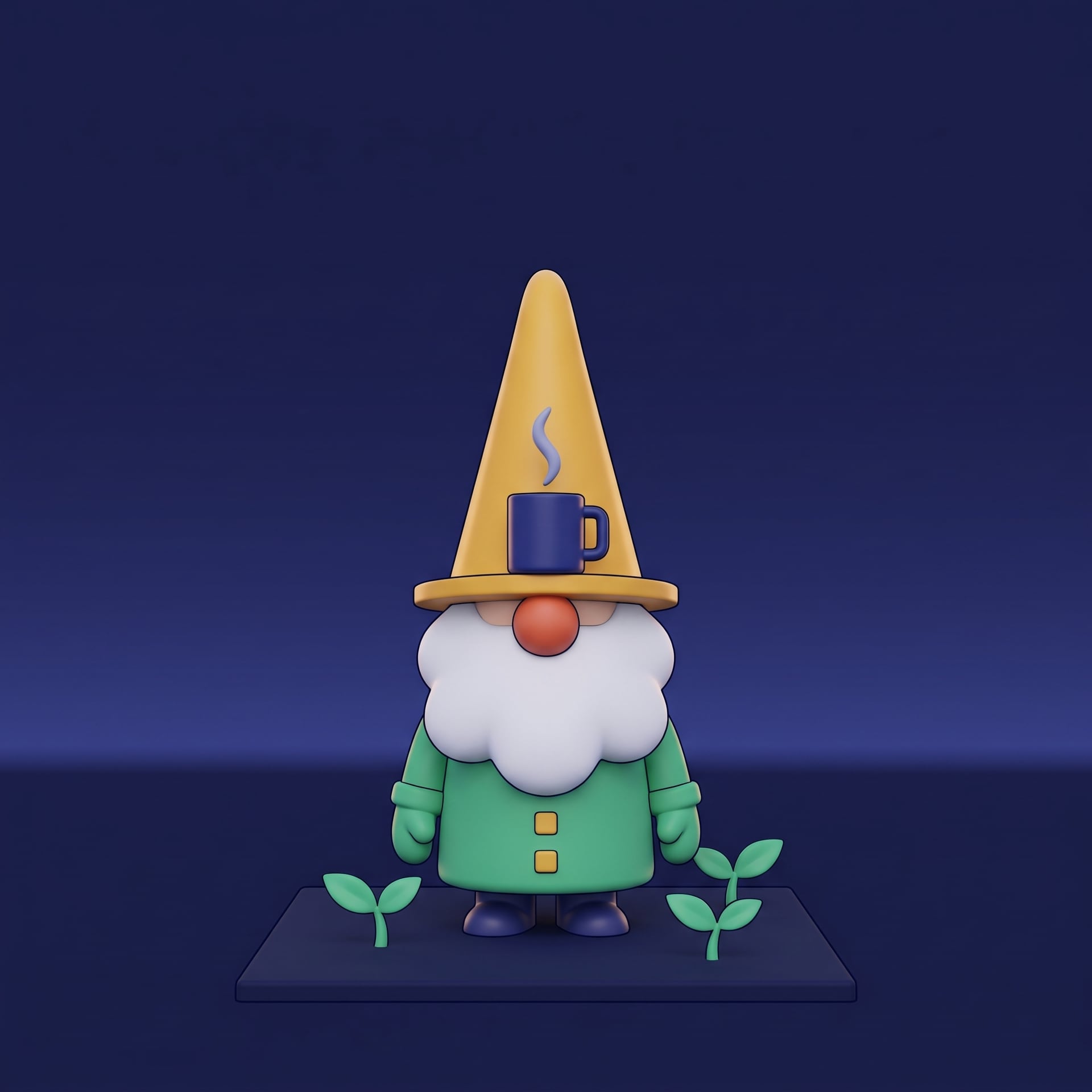 Gnobody planted in dark orchard soil at dawn with a steaming mug balanced on his hat brim