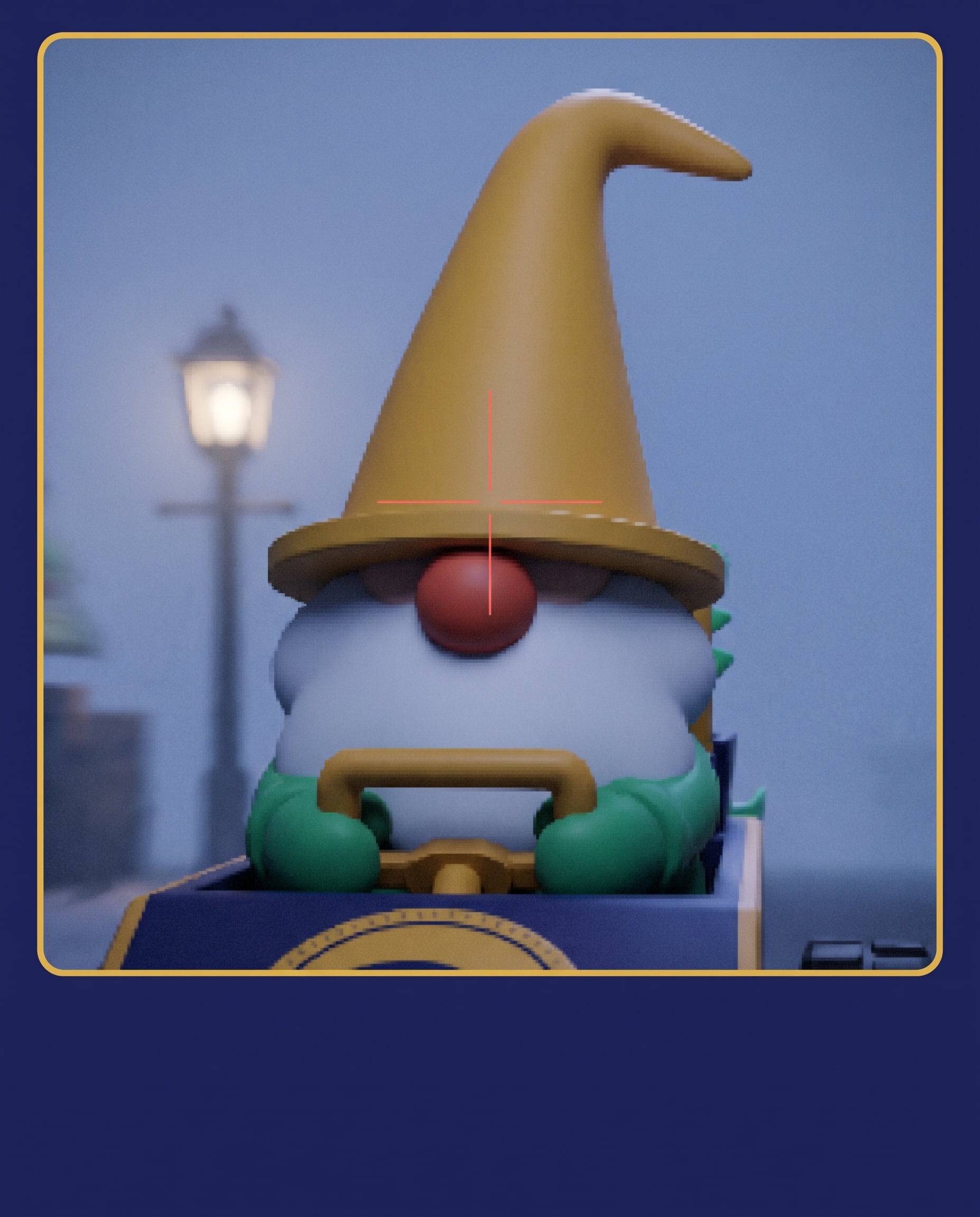 A grainy over-zoomed security camera crop of a gold cone hat and a white beard in a kart